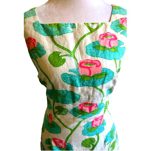 VTG Lilly Pulitzer Linen Dress 6 Frogs In Lily Pads Shift Lace Flower RARE 90s - Picture 11 of 15